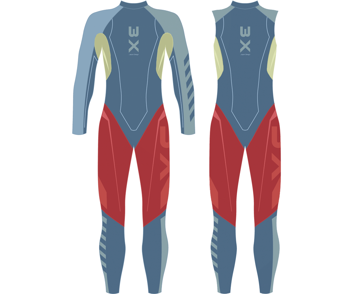 3X-SPORTSウェットスーツのパネル構成。肩周りの柔軟性と太ももの高浮力素材によるハイブリッド設計