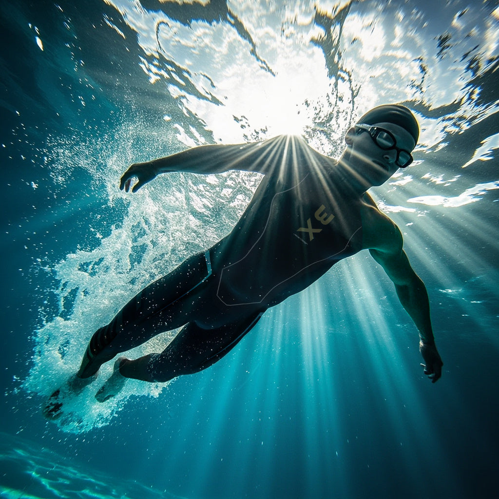 3X-SPORTSウェットスーツの浮力により水面と平行に保たれた、水流抵抗の少ない理想的なトライアスロン・スイム姿勢